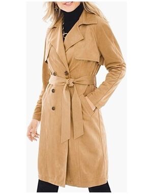 Chicos Chic Trench Coat Faux Suede Tan Camel Size 16 XL Capsule Double Breasted